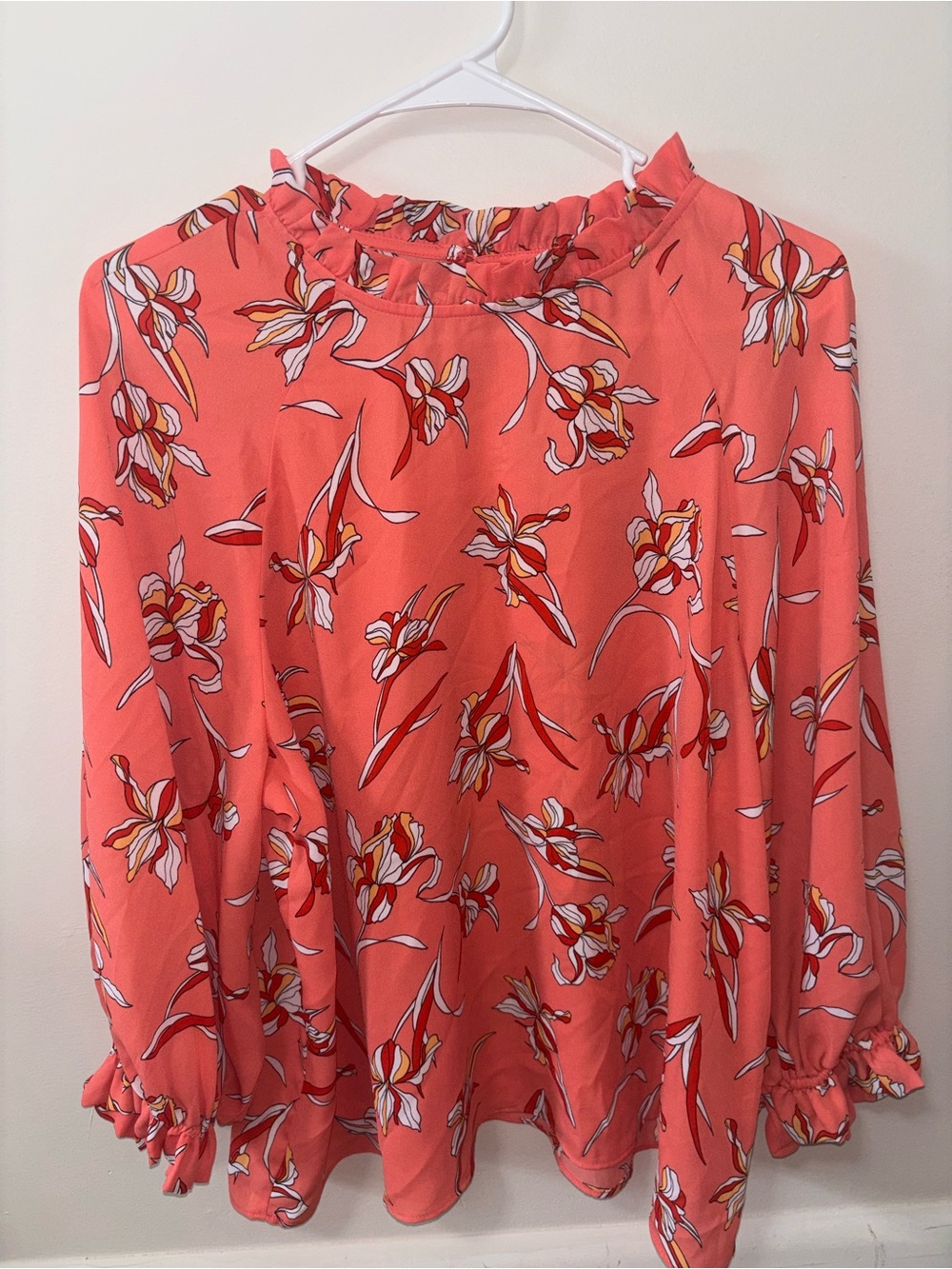 Coral Floral Ruffle-Neck Long-Sleeve Blouse